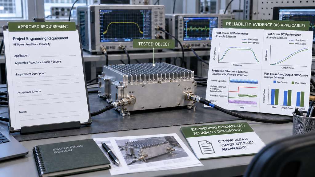 RF PA reliability test showing the approved requirement, tested object, applicable reliability evidence, and engineering comparison.