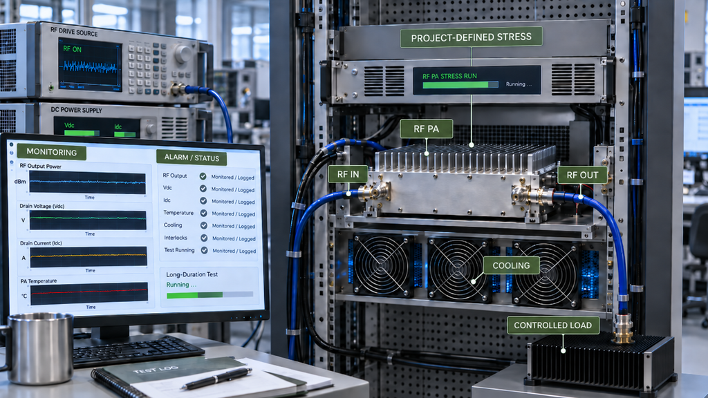RF PA reliability test during project-defined stress with RF drive, DC supply, cooling, controlled load, and monitored operating conditions.