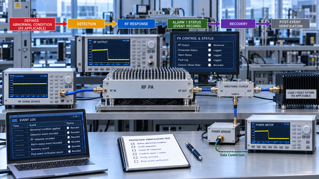 RF PA reliability test protection and recovery verification from a defined abnormal condition through detection, RF response, alarm status, recovery, and post-event verification.