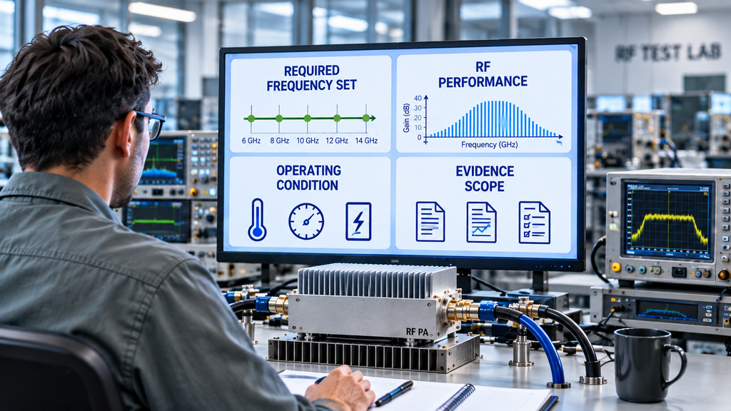 Wideband RF PA performance review connecting required frequency points, RF performance, operating conditions, and evidence scope.