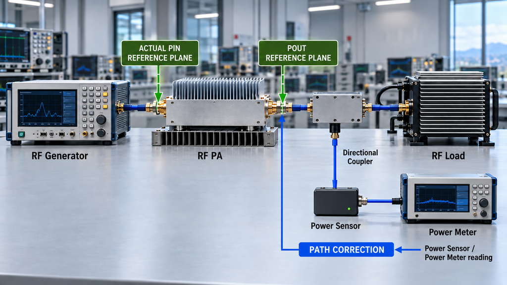 Wideband RF PA performance test boundary showing Actual Pin and Pout reference planes, directional coupler sampling, power measurement, and path correction.