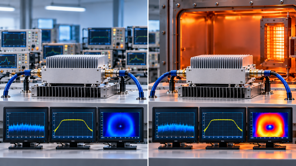 Wideband RF PA performance evidence comparing cold-state and defined hot-state RF, electrical, and thermal behavior.