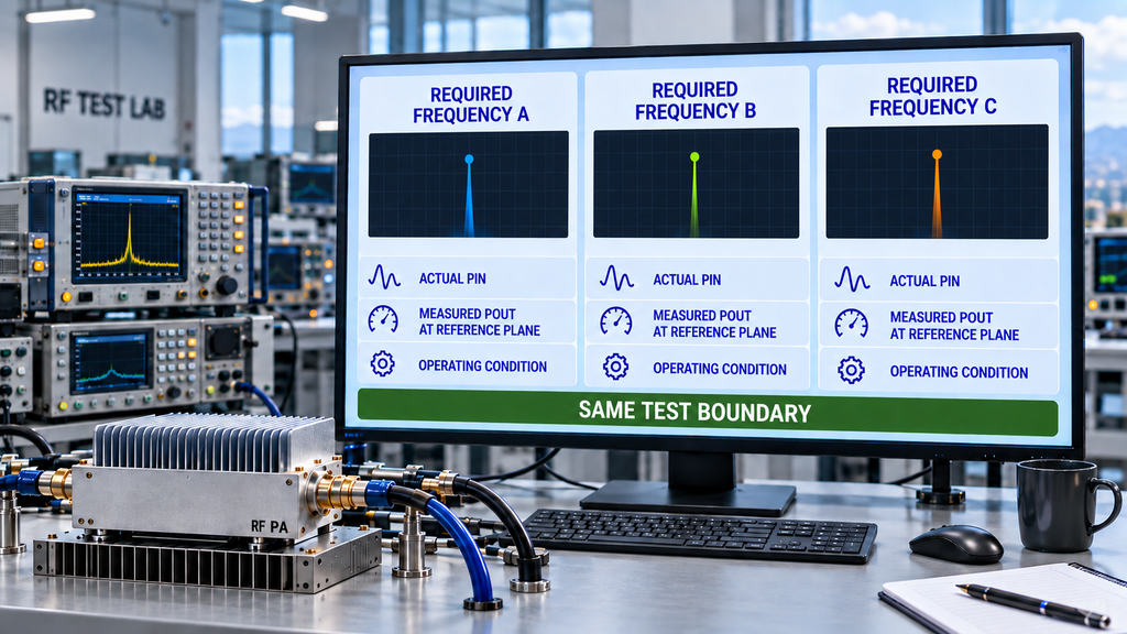 Wideband RF PA performance comparison at required frequency points using Actual Pin, measured Pout at the reference plane, and the same test boundary.