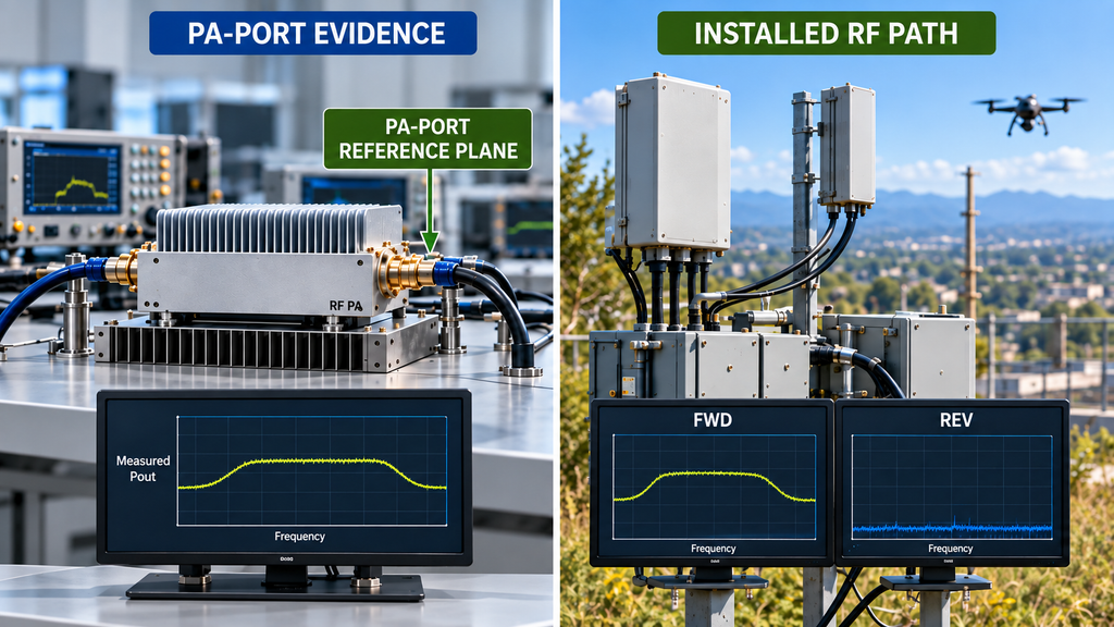 Wideband RF PA performance comparison between PA-port measured Pout evidence and installed RF-path forward and reflected power behavior.