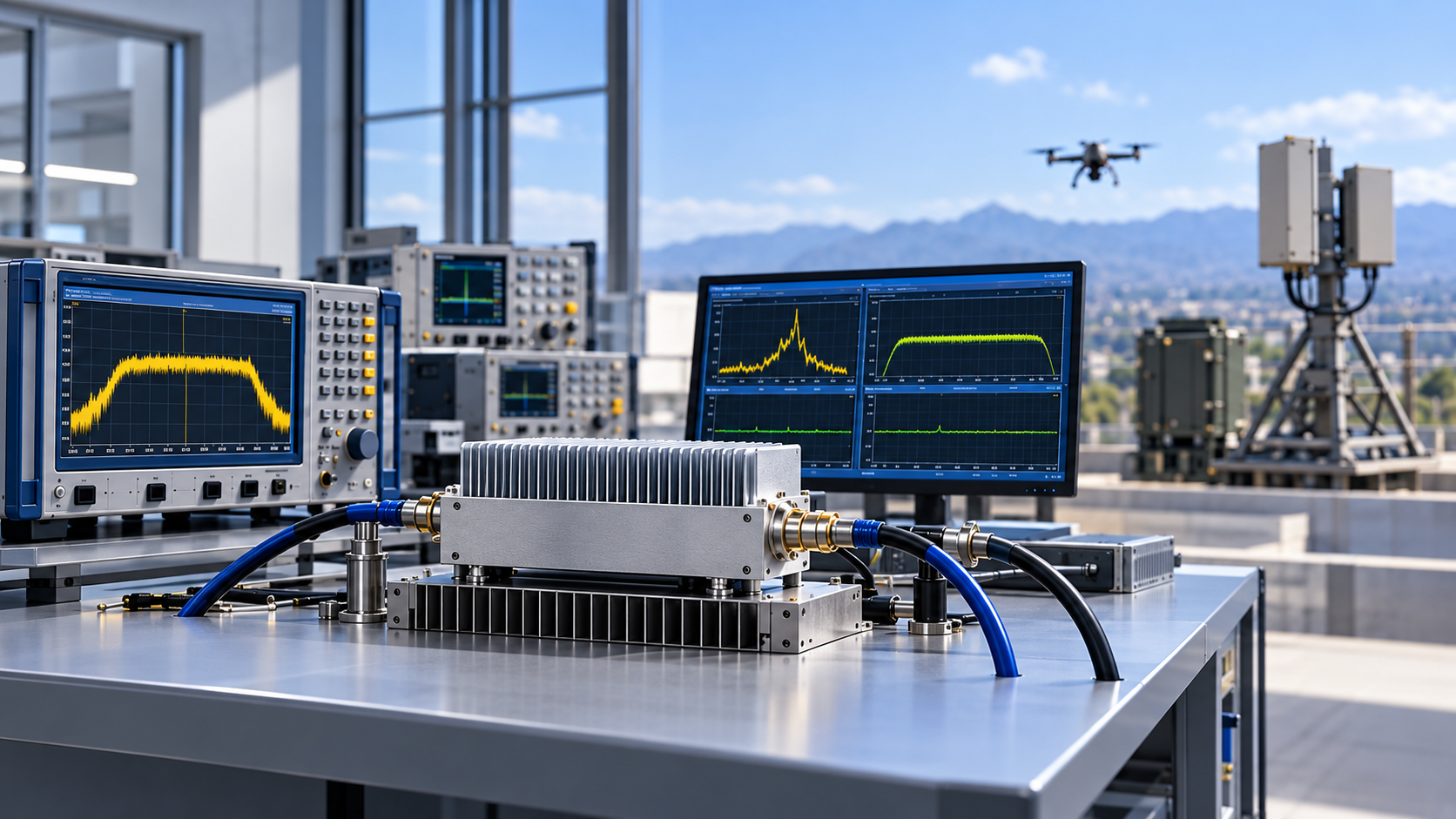 C-UAS wideband RF PA performance verification with laboratory RF testing and an installed C-UAS RF system.