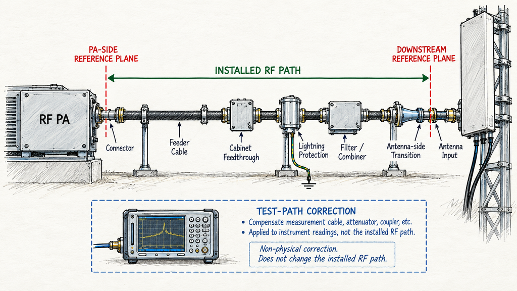 RF PA feeder path between the PA-side and antenna-end reference planes, including cable, connectors, passive components, and separate test-path correction.