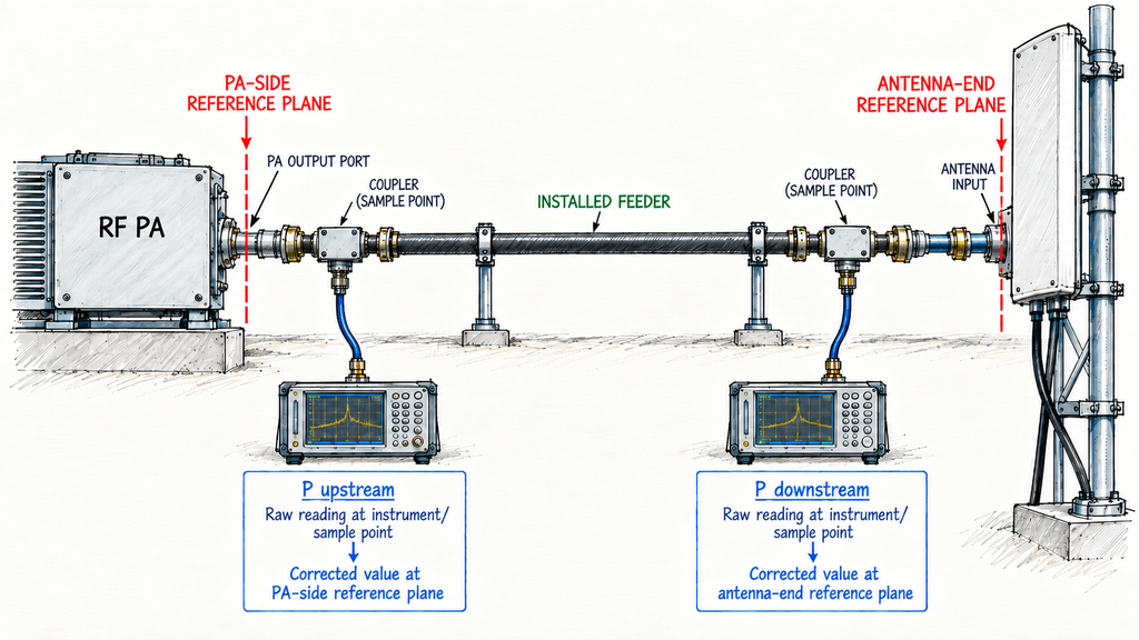 PA-side and antenna-end reference planes with coupler sample points and corrected upstream and downstream RF power values.