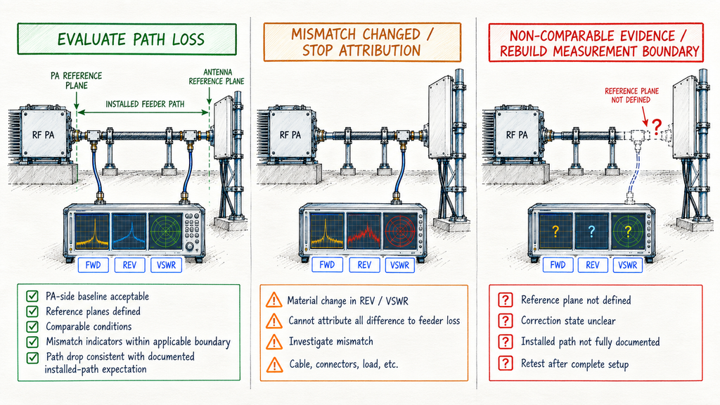 RF feeder acceptance decision showing when measured power drop supports path-loss evaluation, mismatch investigation, or rebuilding the measurement boundary.