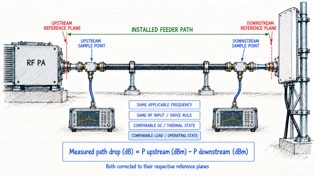 Installed RF feeder path loss measurement using comparable frequency, RF drive, DC, thermal, load, and operating conditions at defined reference planes.