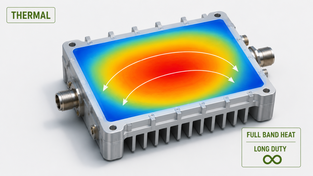RF Power Amplifier gain flatness affecting thermal stability as different frequency points create different efficiency and heat loads