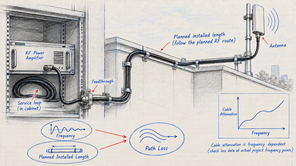 Planned RF feeder cable route showing how project frequency points and installed length determine the cable path-loss requirement.