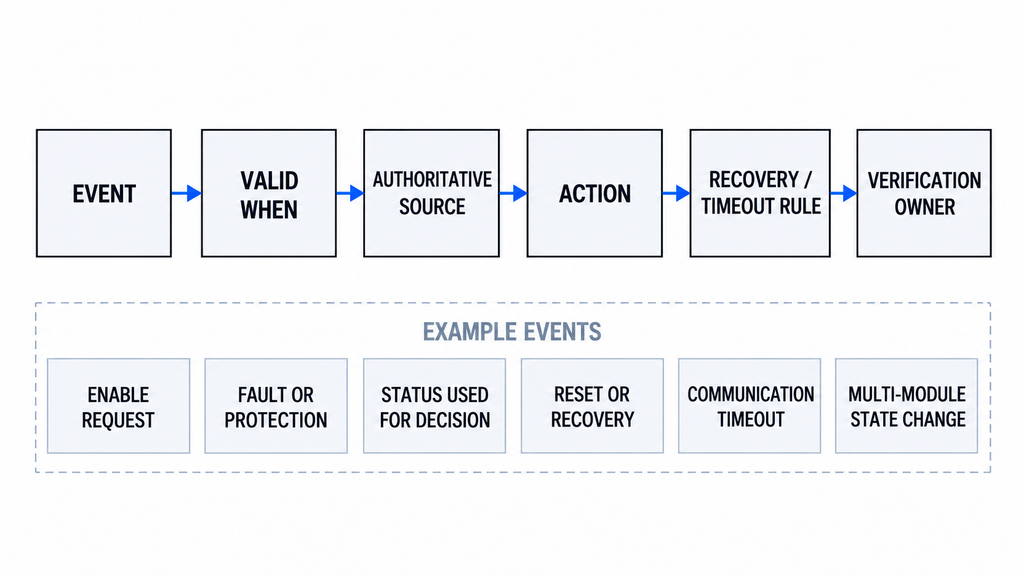 RF PA control logic definition chain covering event validity, authoritative source, action, recovery rule, and verification owner