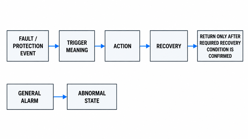 RF PA fault handling logic showing trigger meaning, controller action, recovery rule, and required recovery confirmation