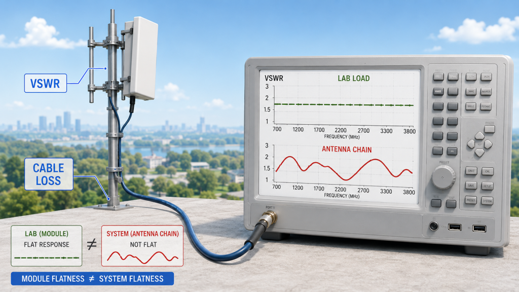 RF Power Amplifier flatness distorted by antenna VSWR, cable loss, connector insertion loss, filters, and real installation conditions