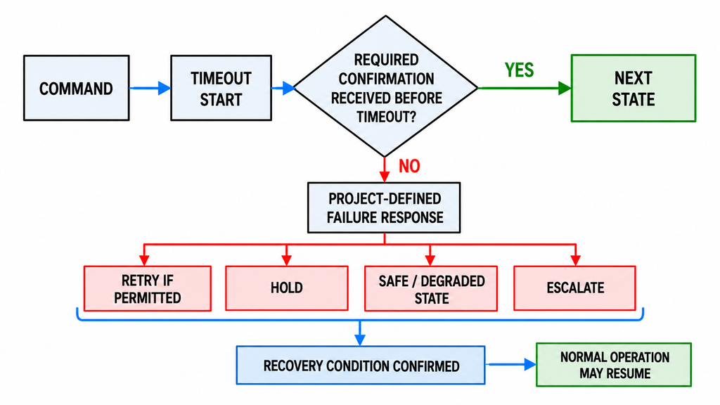 RF PA command timeout and confirmation logic with project-defined failure response and recovery before normal operation resumes