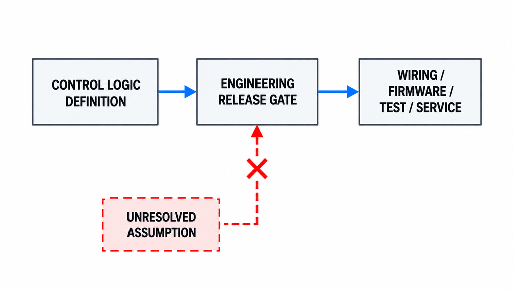 RF PA control logic definition passing through an engineering release gate while unresolved assumptions are blocked before implementation