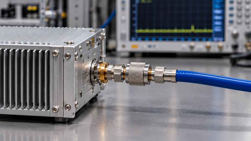RF power amplifier output connection showing the adapter path used to define the measurement reference plane