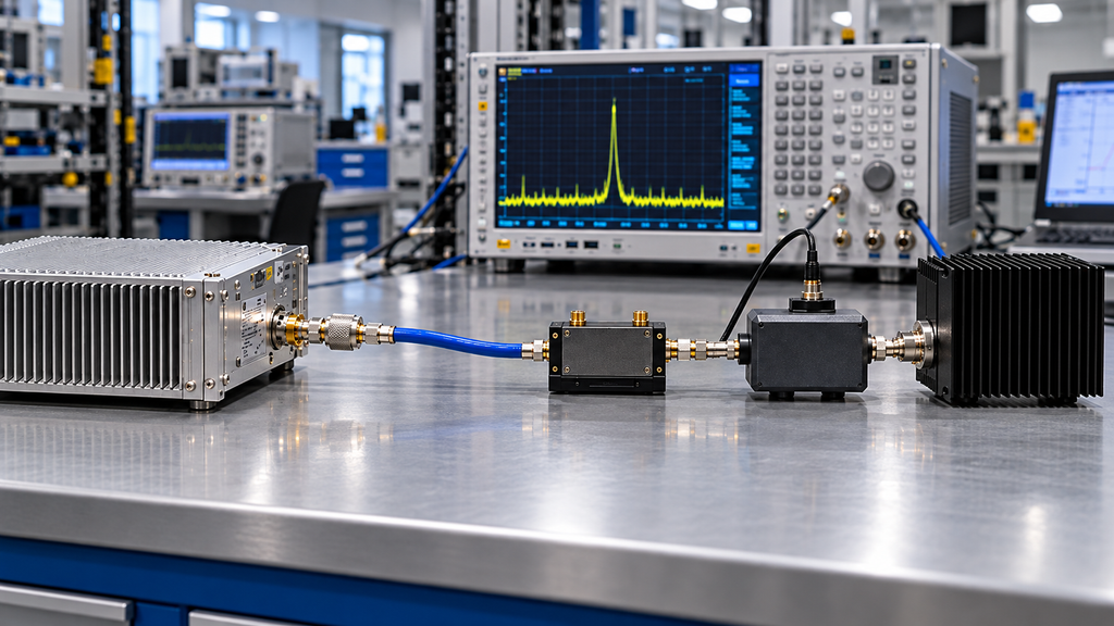 Close-up inspection of an RF adapter and connector interface before RF power amplifier testing