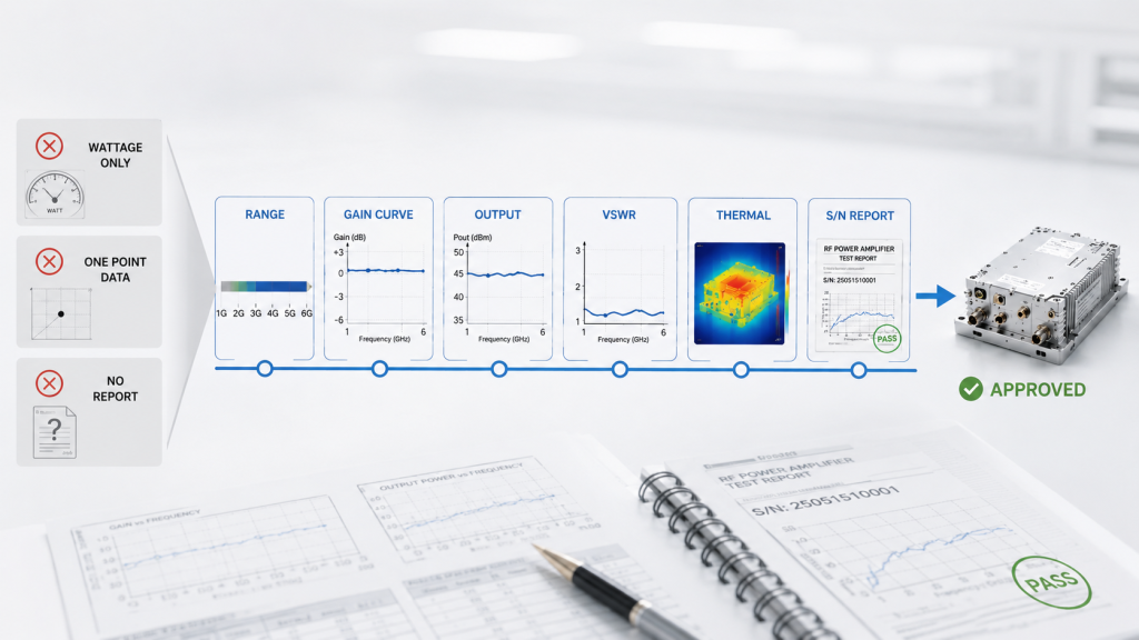 RF Power Amplifier selection flow using frequency range, gain curve, output trend, thermal behavior, VSWR, and serial-number test data
