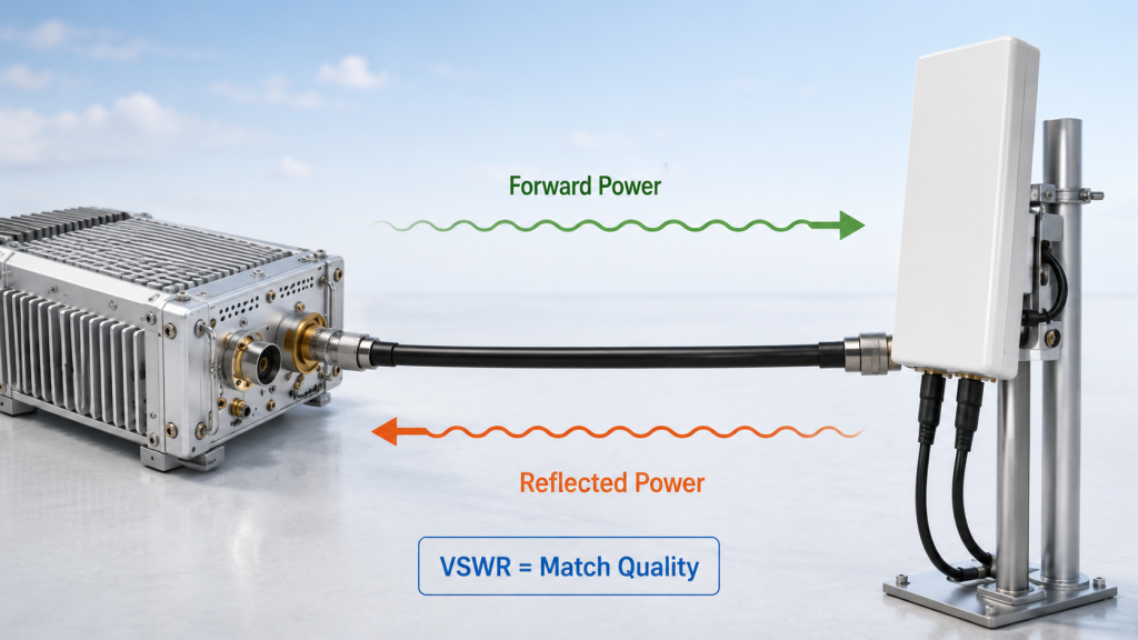 RF Power Amplifier VSWR system basics showing forward power, reflected power, return loss, load mismatch, and antenna path behavior

