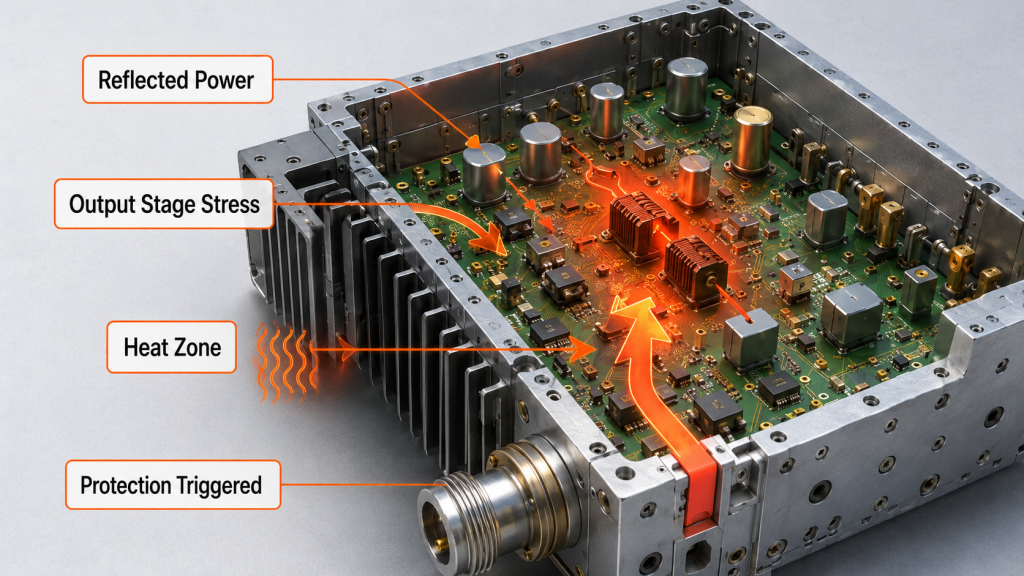 Reflected power damaging RF Power Amplifier modules through output transistor stress, matching network heat, solder fatigue, and repeated protection events