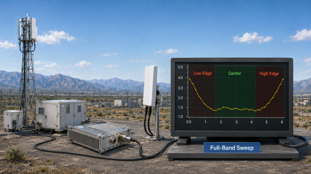 Wideband RF Power Amplifier VSWR risk across low, mid, and high frequency points with antenna, cable, combiner, and vehicle installation effects