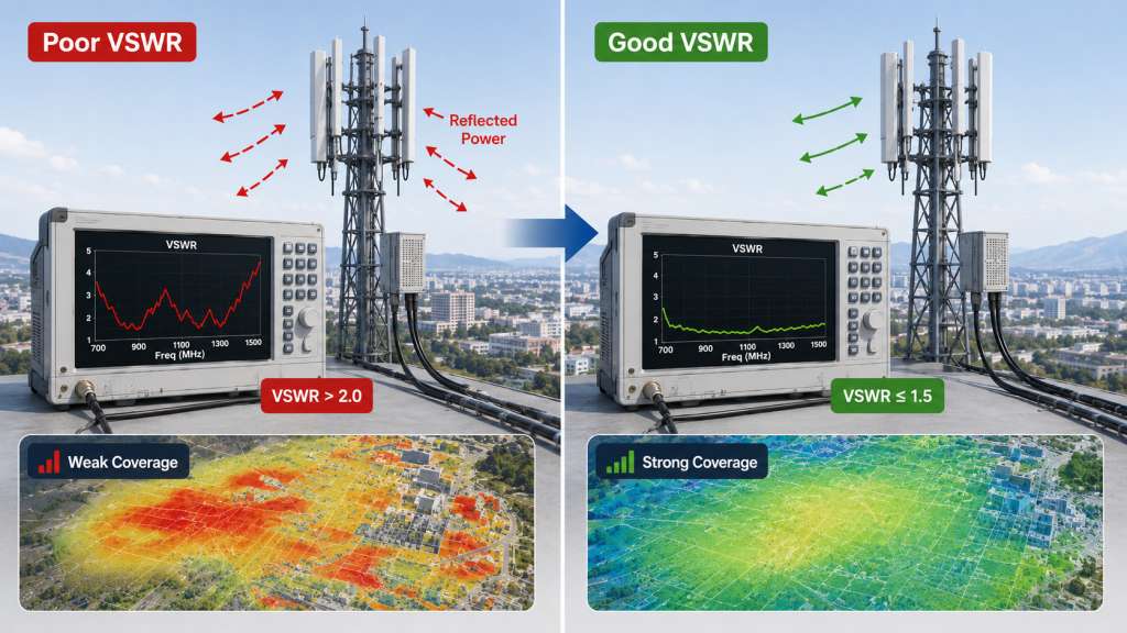 RF Power Amplifier risk reduction through antenna frequency matching, rated cables, sealed connectors, fewer adapters, and post-installation VSWR testing