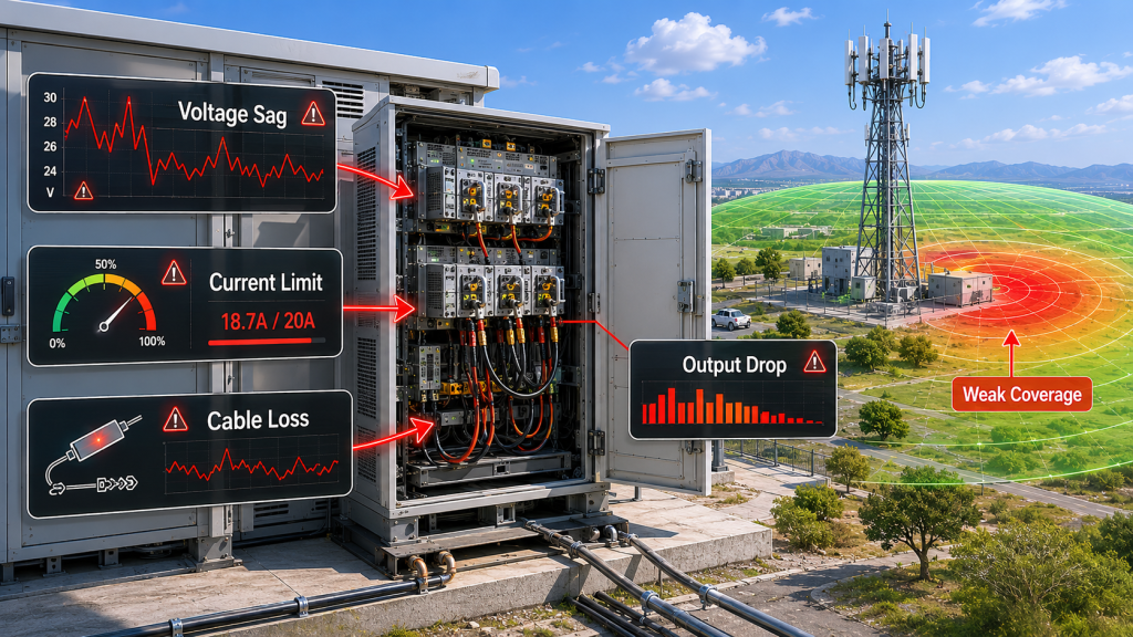 RF Power Amplifier output drop causes including voltage sag, current limit, cable loss, overheating, and unstable DC input