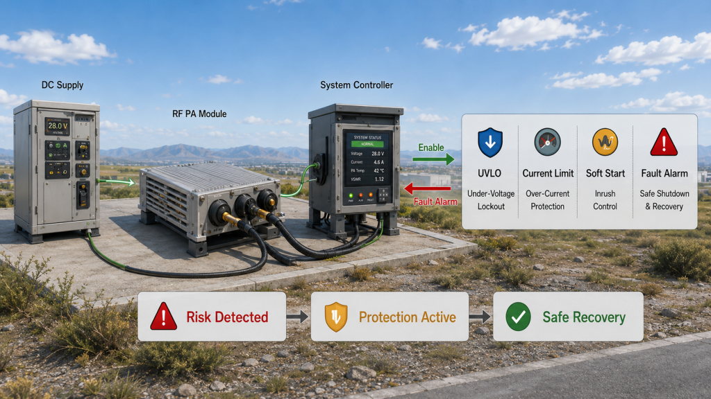 RF Power Amplifier power protection features including undervoltage, overvoltage, overcurrent, reverse polarity, soft-start, and fault alarm