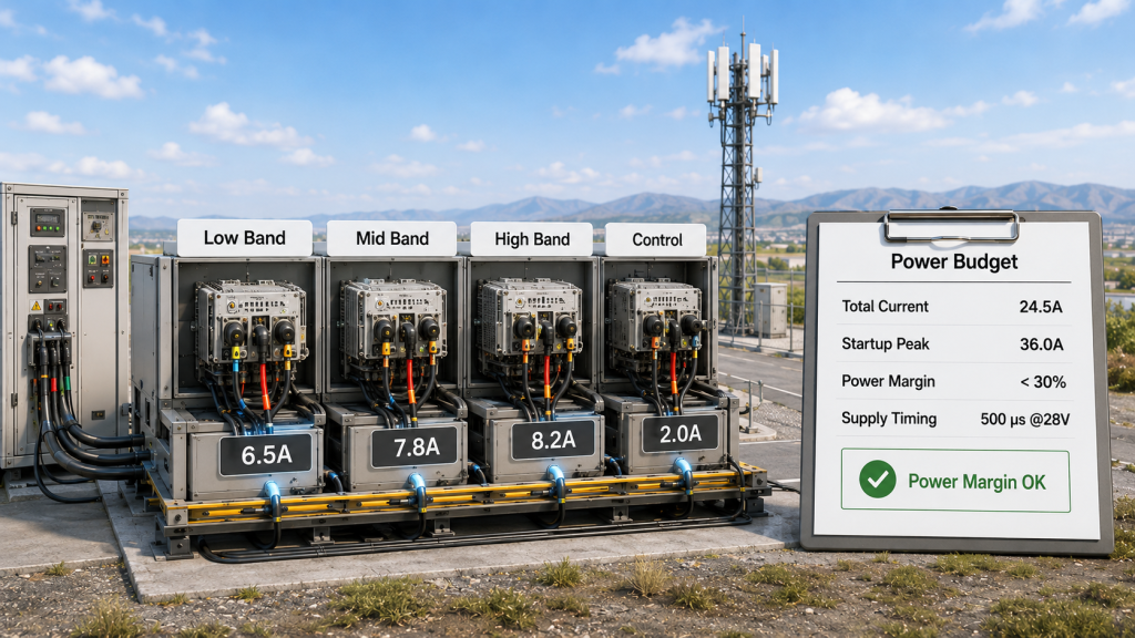 Multi-module RF Power Amplifier power budget calculating total current, startup demand, cable rating, supply margin, and bus voltage drop