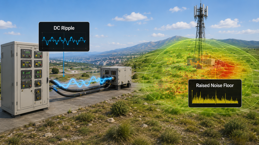 RF Power Amplifier DC ripple control reducing amplitude fluctuation, RF noise floor movement, spur risk, and protection instability