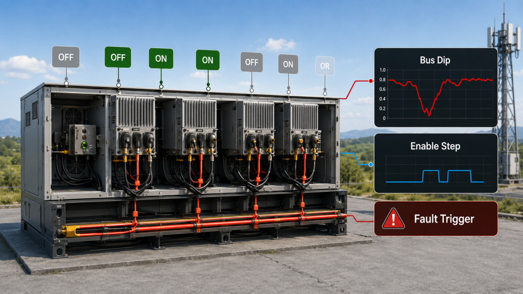 RF Power Amplifier startup surge and RF switching transient test showing inrush current, enable timing, pulse load, and bus dip