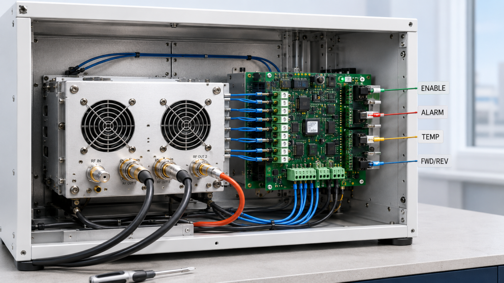 RF Power Amplifier control interface showing enable, alarm, temperature, forward power, reflected power, voltage, and current signals