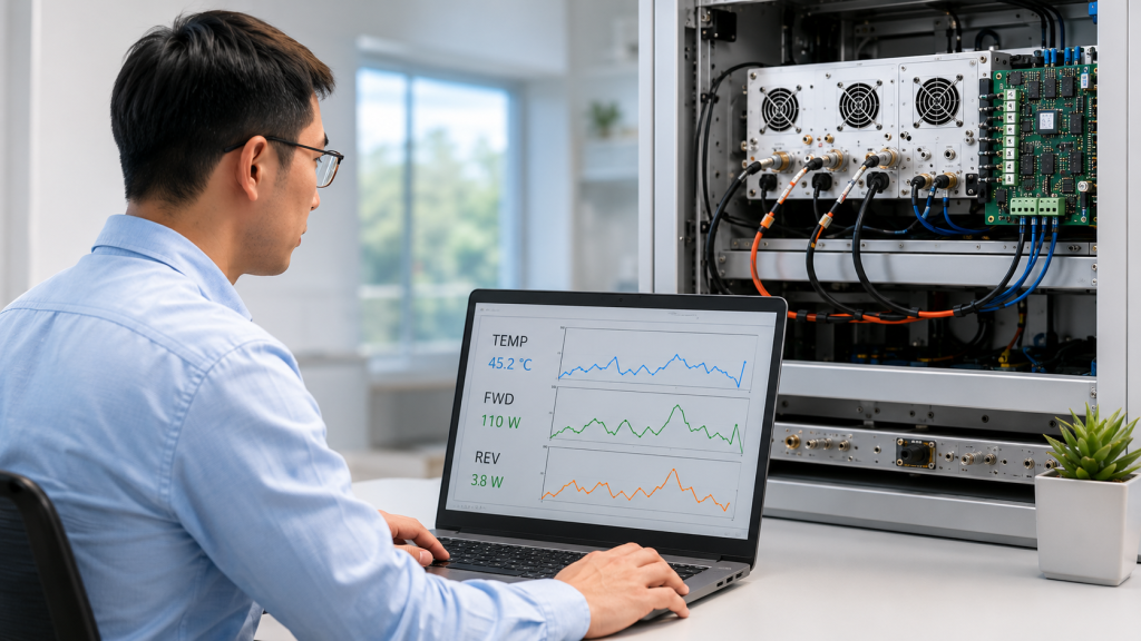 RF Power Amplifier module status feedback showing temperature, forward power, reflected power, voltage, current, fault code, and enable status