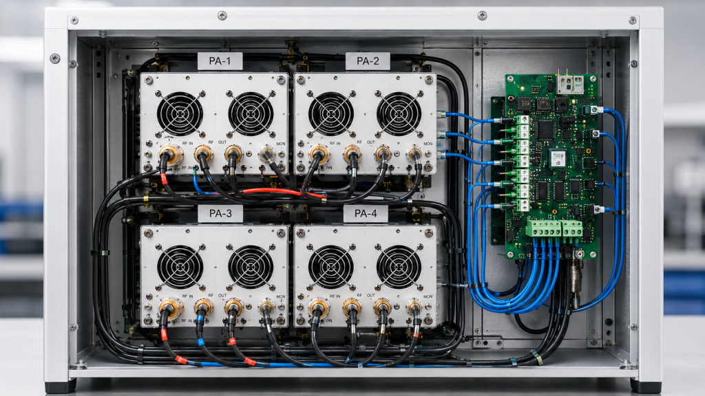 RF Power Amplifier multi-module interface showing shared enable control, alarm lines, address mapping, status polling, and power limits