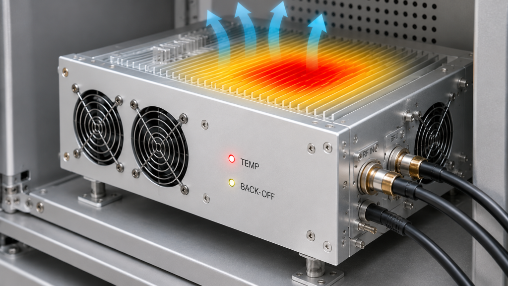 RF Power Amplifier control logic linking temperature, voltage, current, VSWR, reflected power, fan status, and fault recovery actions