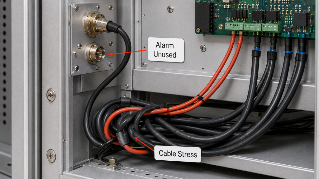 RF Power Amplifier integration mistakes including unused alarm pins, poor control-line routing, missing pull-up logic, and weak fault display