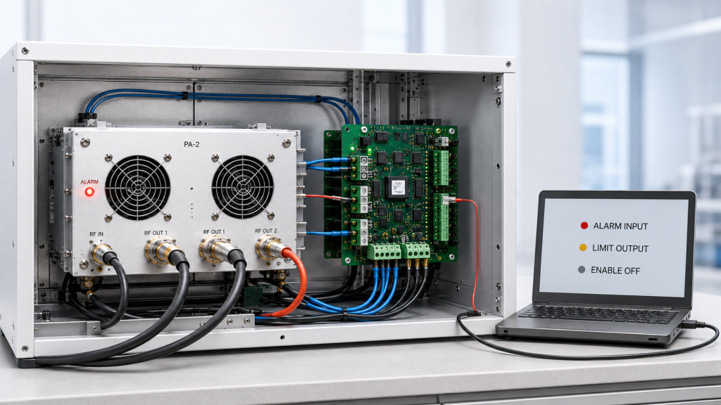 RF Power Amplifier alarm signals protecting systems from over-temperature, over-current, over-voltage, under-voltage, high VSWR, and fan failure