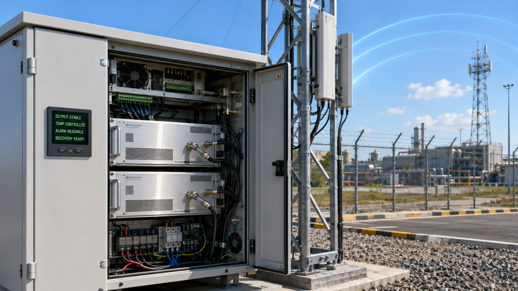 RF Power Amplifier reliability definition showing stable output power, gain control, thermal behavior, protection logic, alarm feedback, and fault recovery