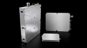 C-UAS RF power amplifier module selection workflow showing the signal source, filter, RF switch, feeder, antenna system, 28 V DC power, cooling, control status, and directional coupler