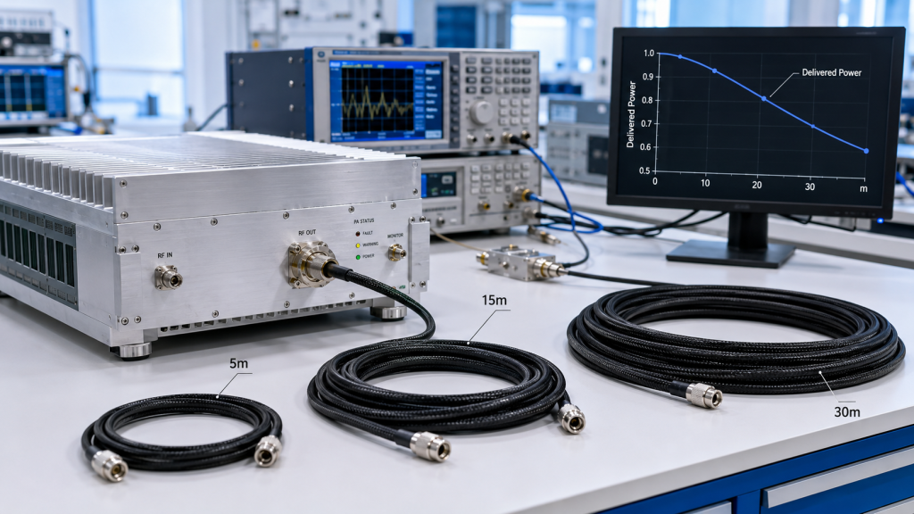 RF Power Amplifier output drop after installation caused by feeder cable insertion loss, connector chains, adapters, cable bends, and antenna-side measurement