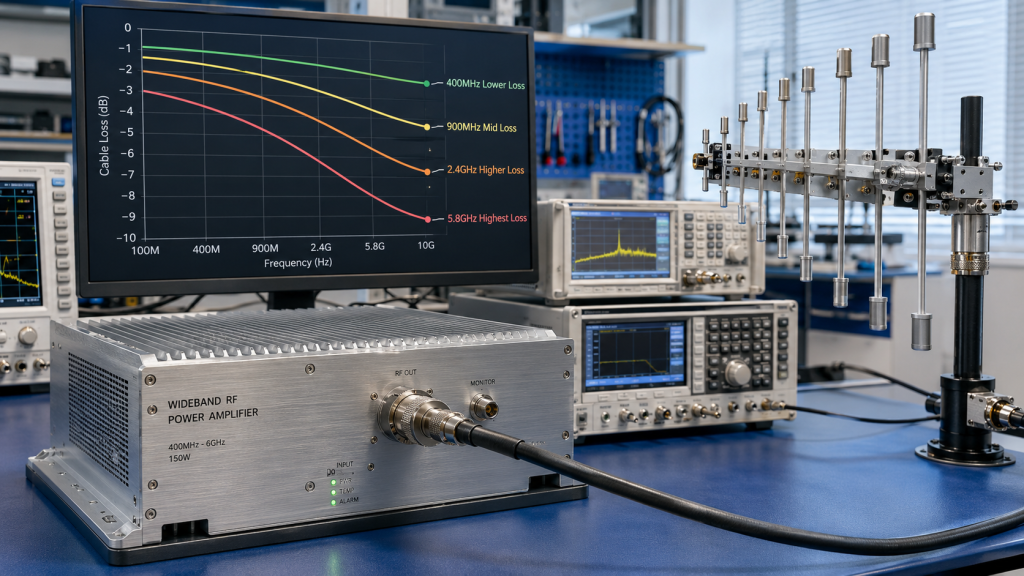 RF Power Amplifier cable length planning for high-frequency bands showing higher loss at 2.4GHz and 5.8GHz than lower-frequency paths

