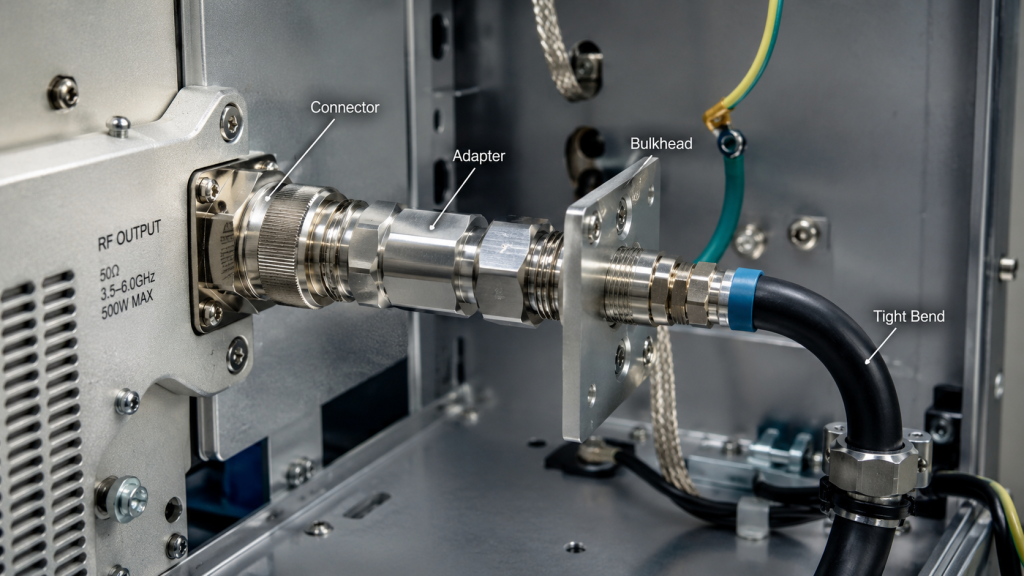RF Power Amplifier power delivery affected by loose connectors, adapter stacks, oxidized outdoor joints, sharp cable bends, and vibration points