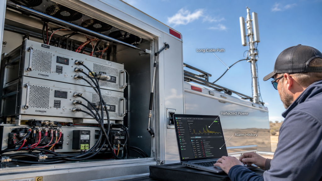 Long feeder cables making an RF Power Amplifier look unstable through reflected power, fluctuating readings, alarm events, connector heating, and load-path stress
