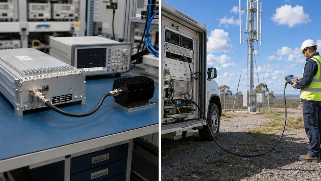 RF Power Amplifier factory and field test conditions compared by cable length, dummy load, real antenna, measurement point, DC voltage, and environment