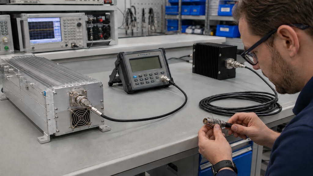 RF Power Amplifier cable loss field acceptance test comparing module-side power, short reference cable, installed feeder cable, connectors, and frequency points