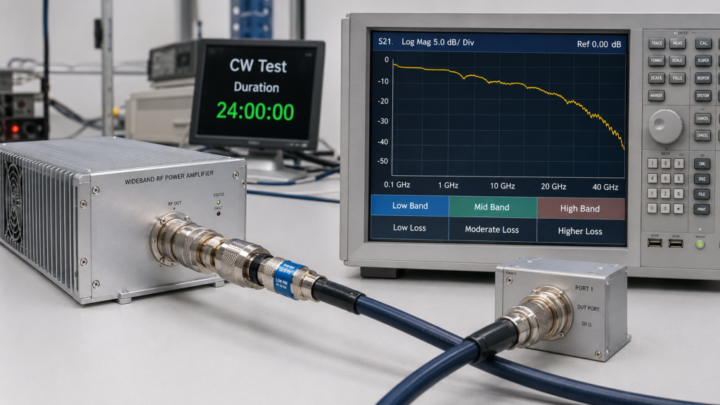 How to choose cable grade based on frequency and power showing cable type, frequency range, loss curves, and power handling