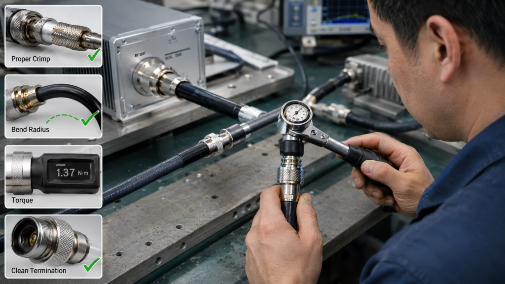 RF Power Amplifier cable testing before deployment showing sweep test, VNA insertion/return loss, DC resistance check, and connector check