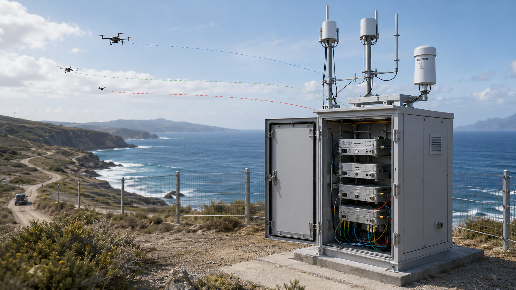 C-UAS RF PA efficiency across frequency bands in a coastal remote deployment with RF cabinet, mast antennas, and multi-band RF paths