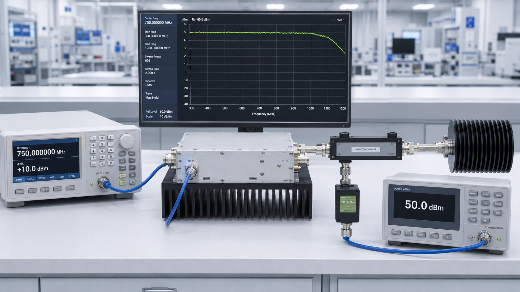 RF PA band-edge performance test setup with signal source, directional coupler, dummy load, and output power sweep measurement